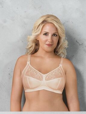 Exquisite Form, Fully Wirefree Bra, 38D, Beige Embroidered Mesh Full Support